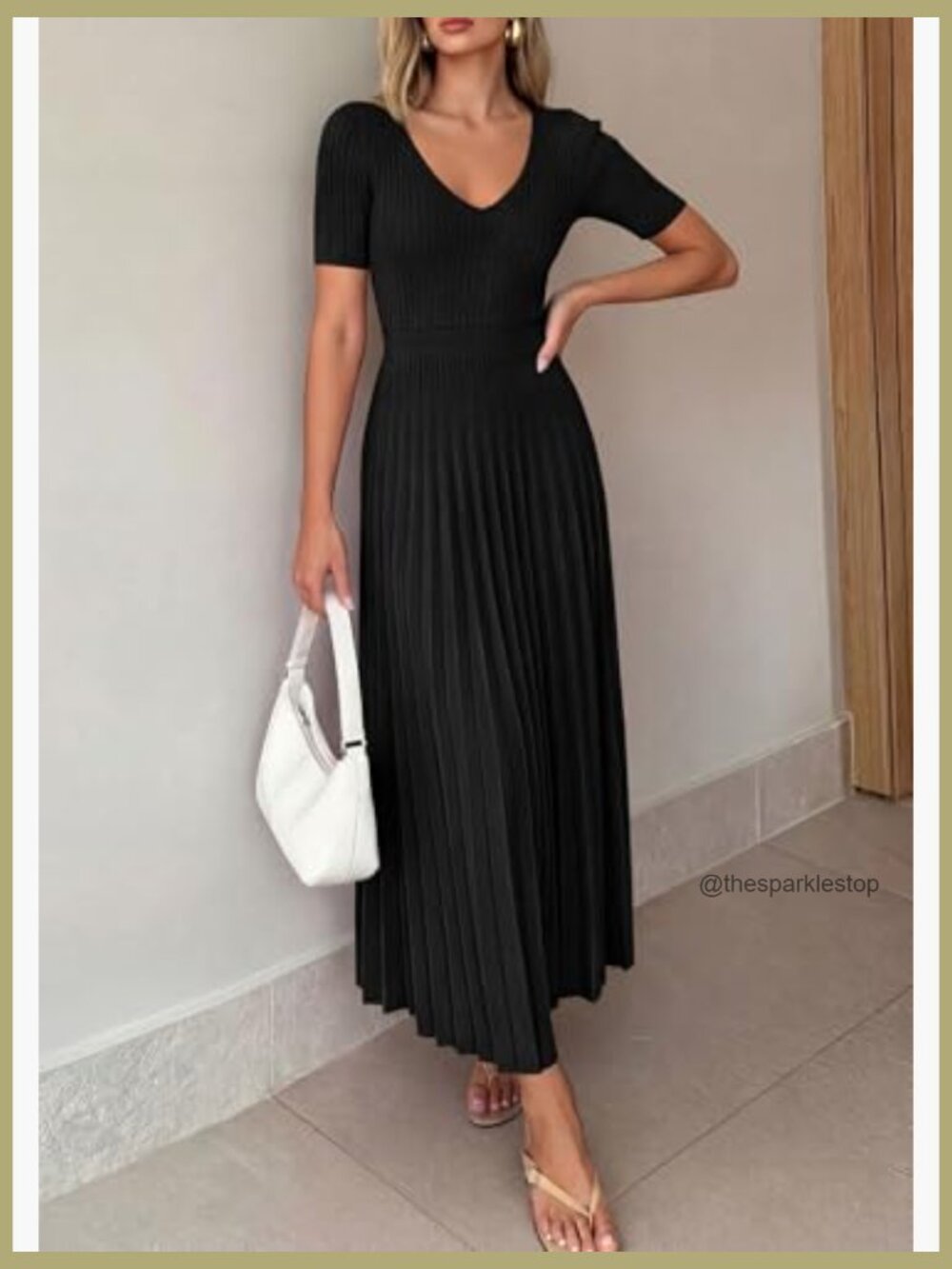 V Neck Pleated Ribbed Knit Midi Sweater Dress A Line Short Sleeve - Picture 6 of 7